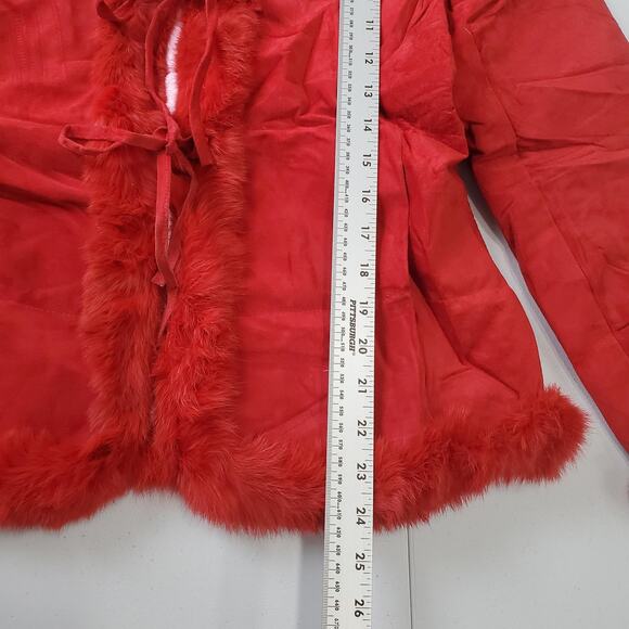 Bisou Bisou Jacket Womens Medium Red Genuine Leather Faux Fur Trim Coat Y2K - Picture 7 of 10